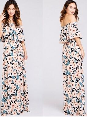 Off-Shoulder Floral Maxi Dress in Blush